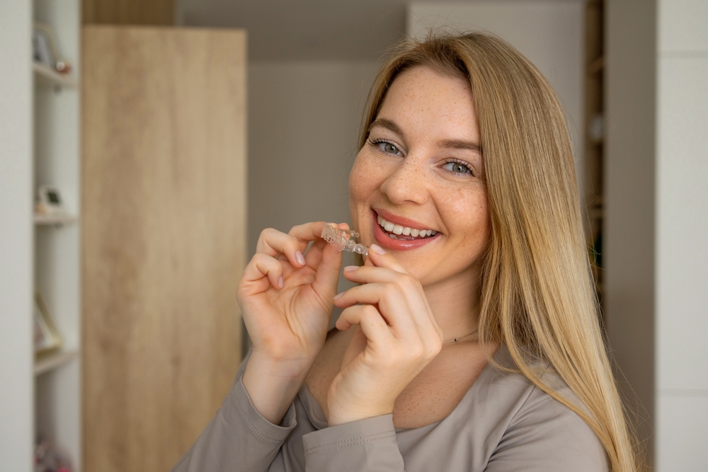 A cheerful woman with blonde hair and freckles holding a clear orthodontic aligner. A cheerful woman with blonde hair and freckles holding a clear orthodontic aligner.
